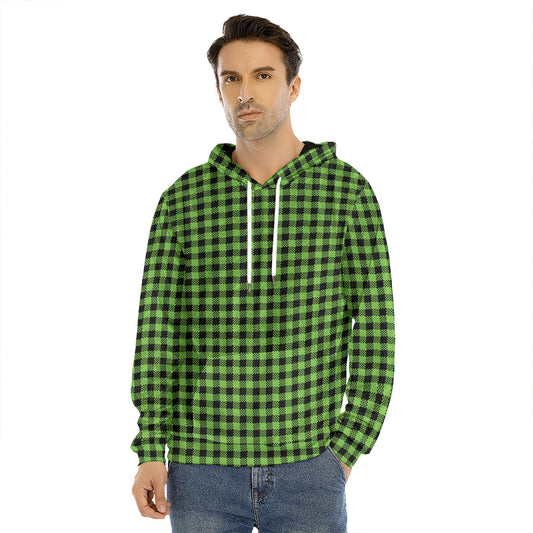 UFO Green Buffalo Plaid Print Men's Velvet Pullover Hoodie
