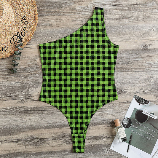UFO Green Buffalo Plaid Print One Shoulder Bodysuit