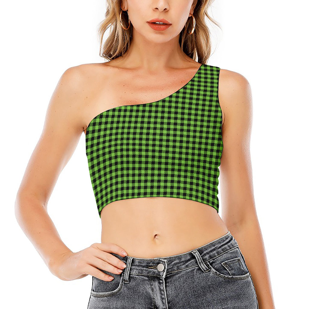 UFO Green Buffalo Plaid Print One Shoulder Crop Top
