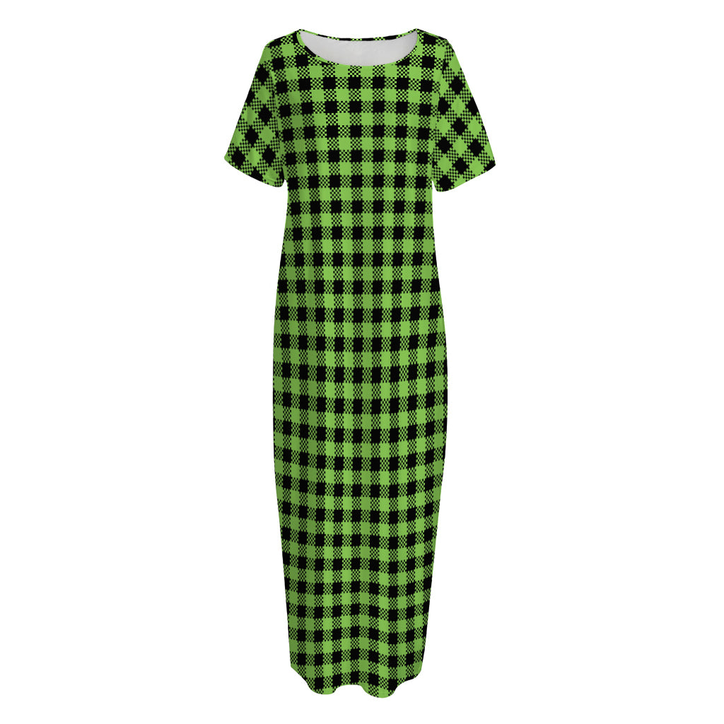 UFO Green Buffalo Plaid Print Short Sleeve Long Nightdress