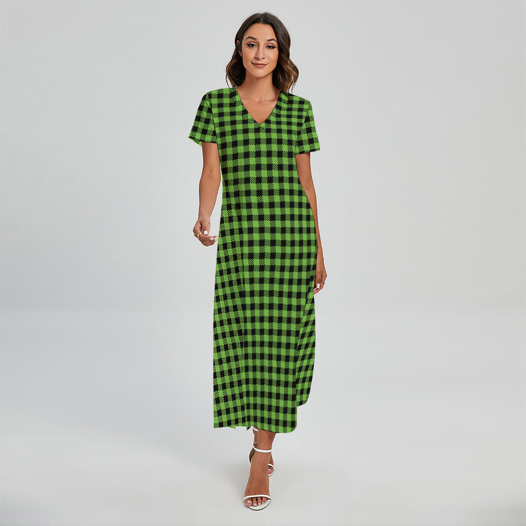 UFO Green Buffalo Plaid Print Short Sleeve Maxi Dress