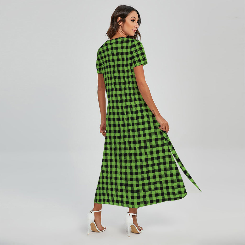 UFO Green Buffalo Plaid Print Short Sleeve Maxi Dress