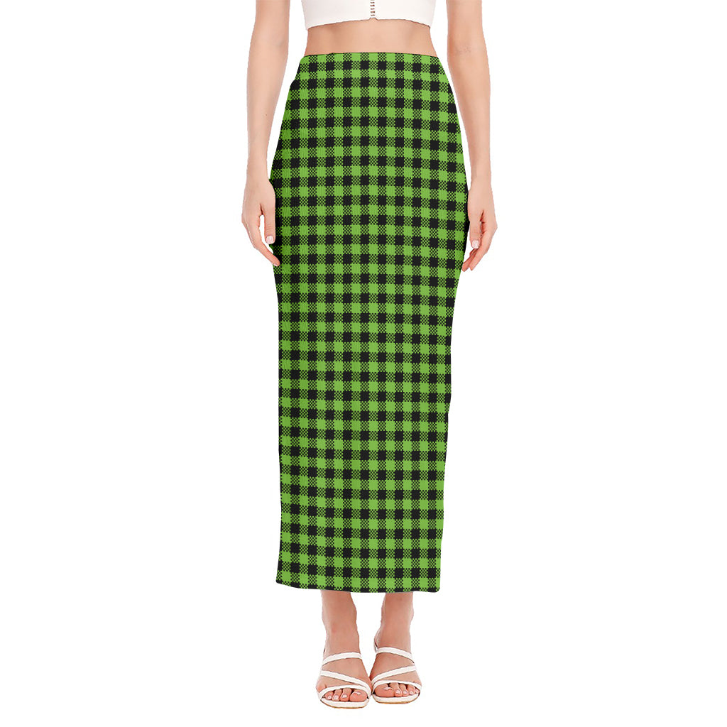 UFO Green Buffalo Plaid Print Side Slit Maxi Skirt