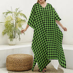 UFO Green Buffalo Plaid Print Silk V-Neck Kaftan Dress