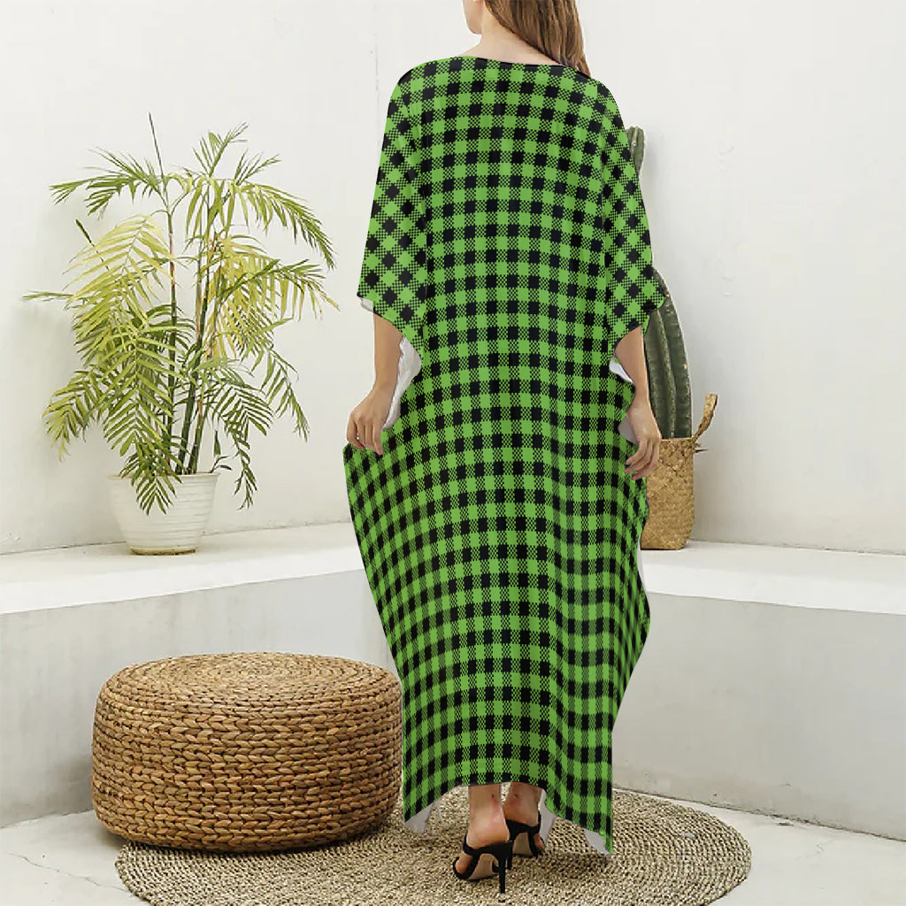 UFO Green Buffalo Plaid Print Silk V-Neck Kaftan Dress