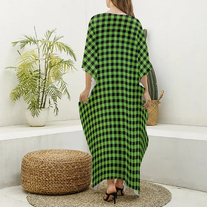 UFO Green Buffalo Plaid Print Silk V-Neck Kaftan Dress