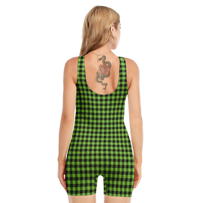 UFO Green Buffalo Plaid Print Sleeveless One Piece Swimsuit