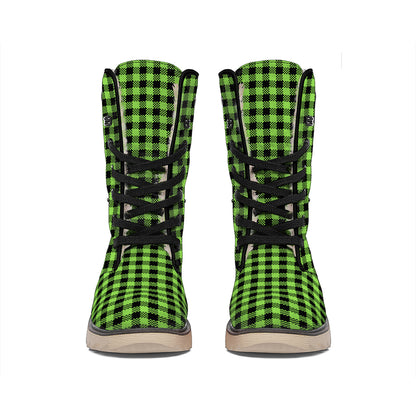 UFO Green Buffalo Plaid Print Winter Boots