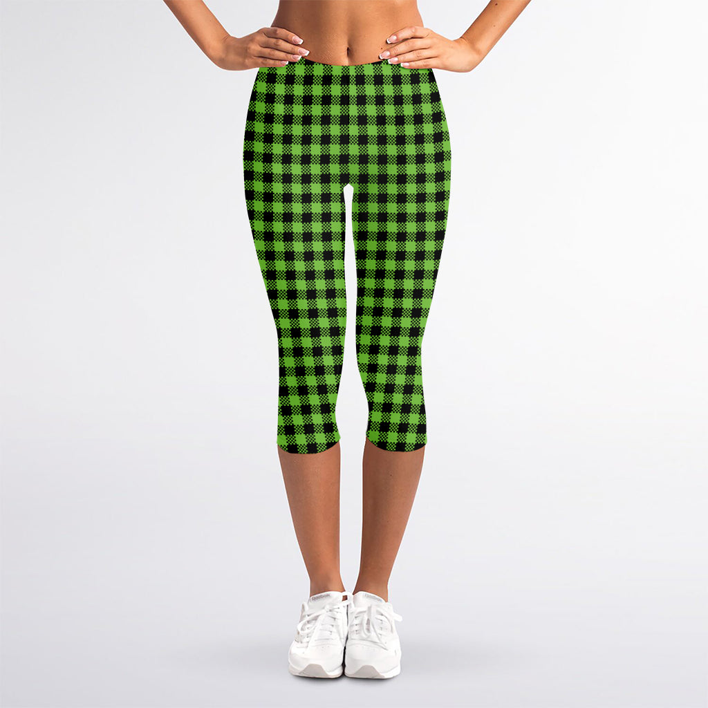 UFO Green Buffalo Plaid Print Women's Capri Leggings