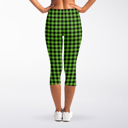 UFO Green Buffalo Plaid Print Women's Capri Leggings