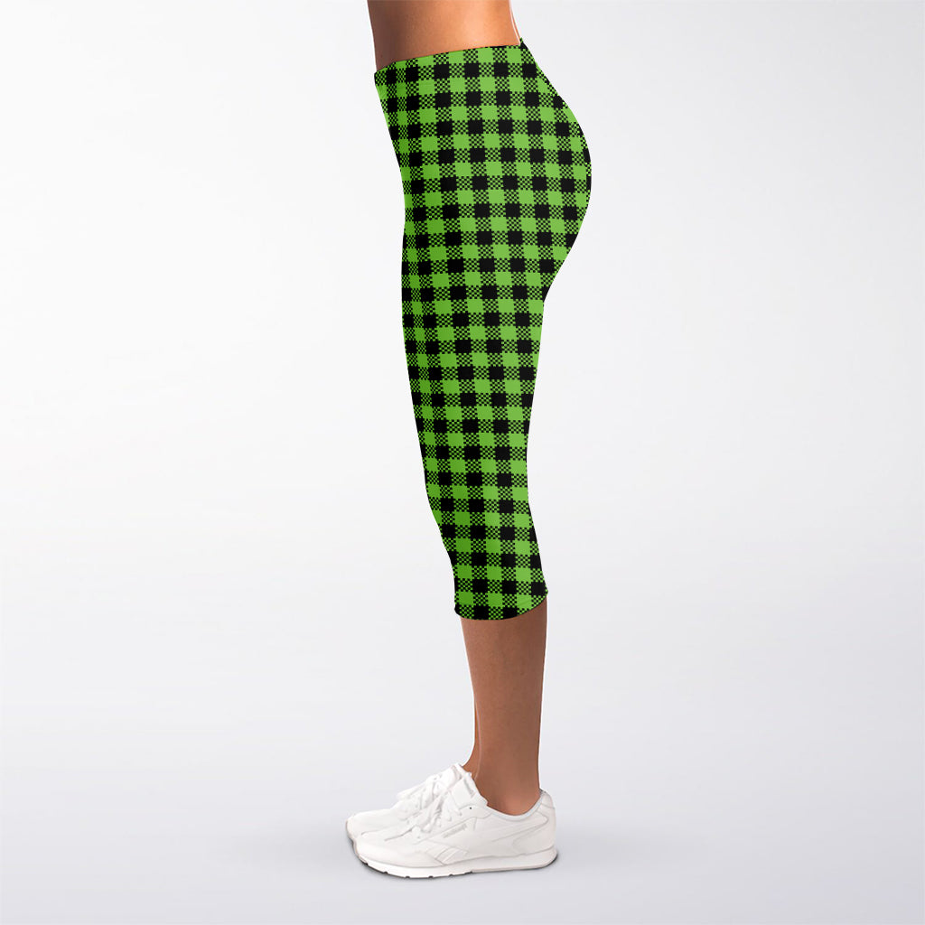 UFO Green Buffalo Plaid Print Women's Capri Leggings