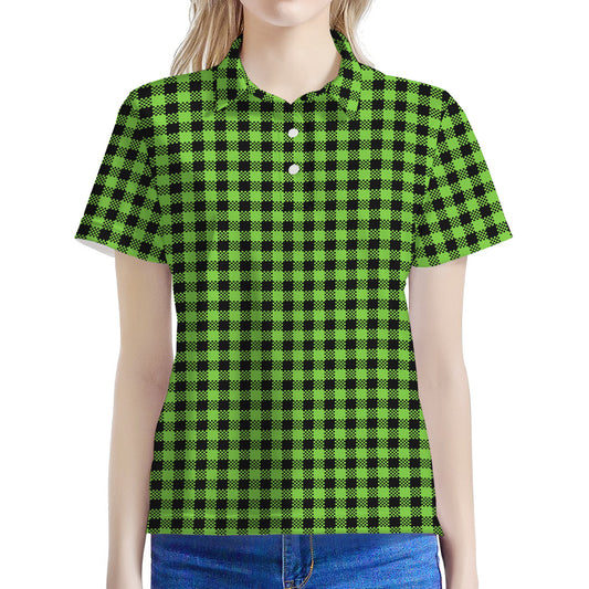 UFO Green Buffalo Plaid Print Women's Polo Shirt
