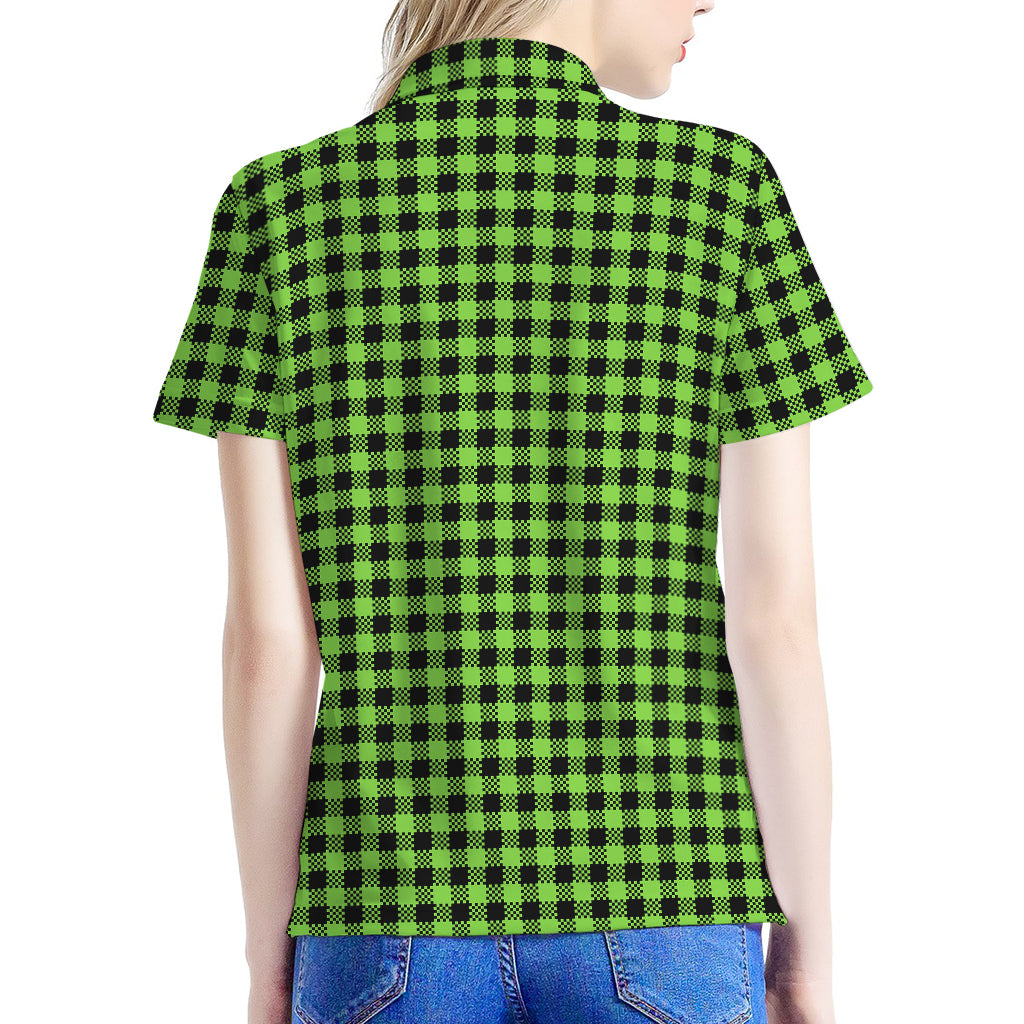 UFO Green Buffalo Plaid Print Women's Polo Shirt