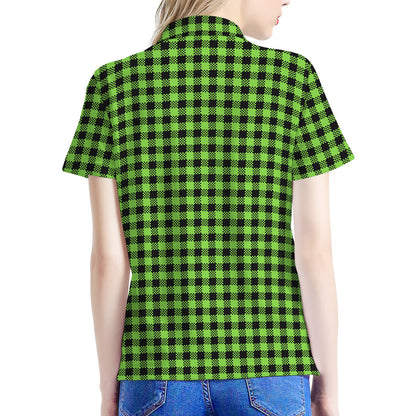 UFO Green Buffalo Plaid Print Women's Polo Shirt