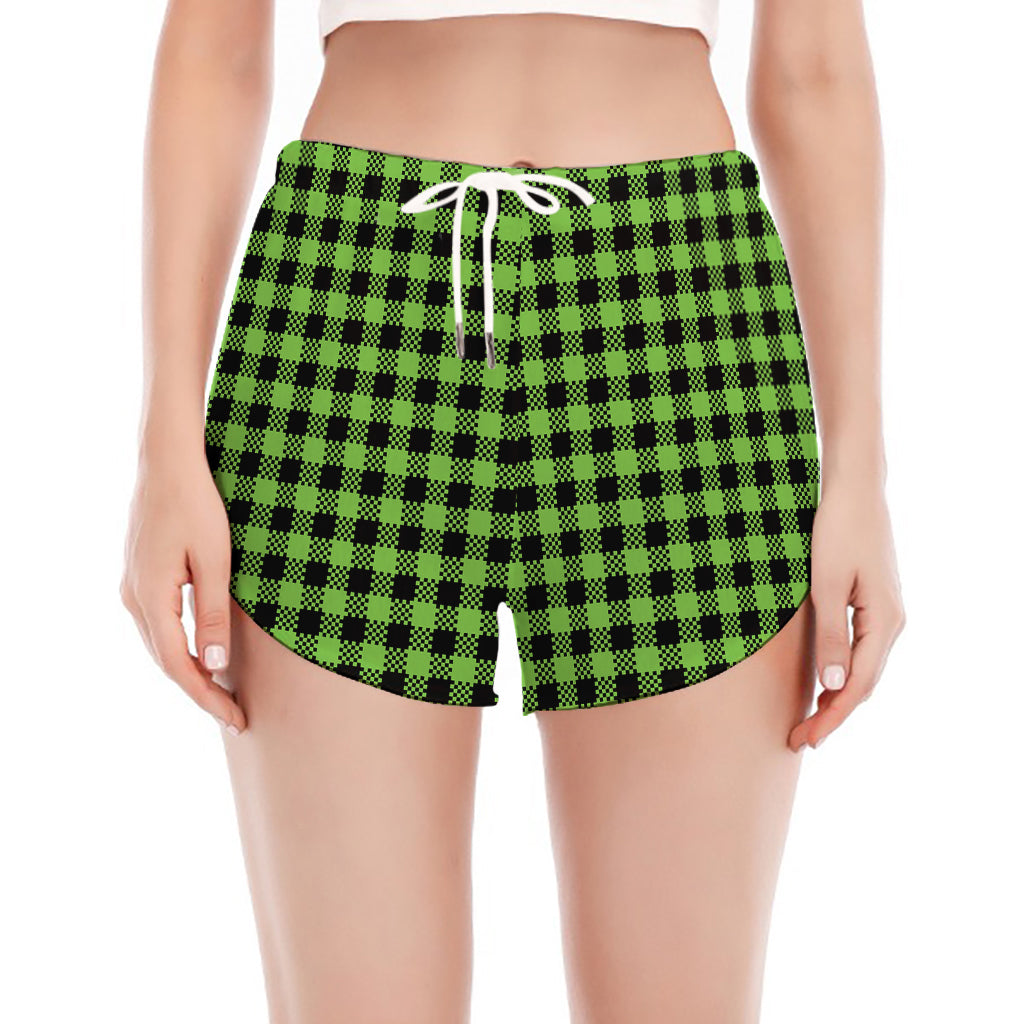 UFO Green Buffalo Plaid Print Women's Split Running Shorts