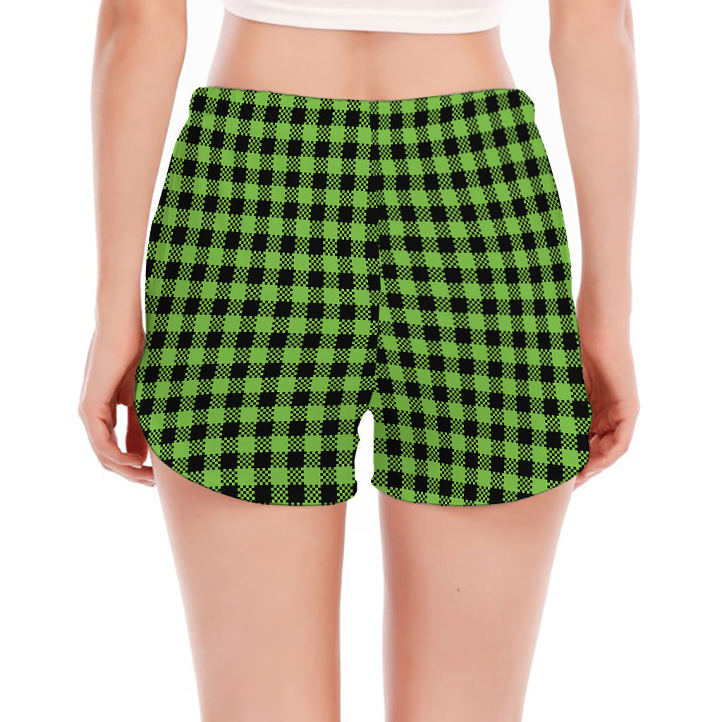 UFO Green Buffalo Plaid Print Women's Split Running Shorts