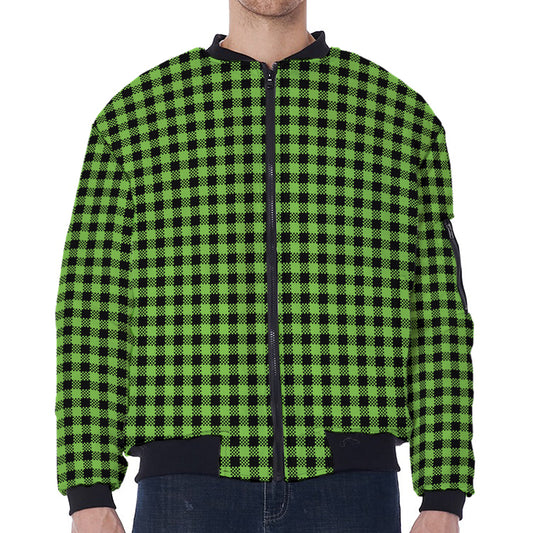 UFO Green Buffalo Plaid Print Zip Sleeve Bomber Jacket