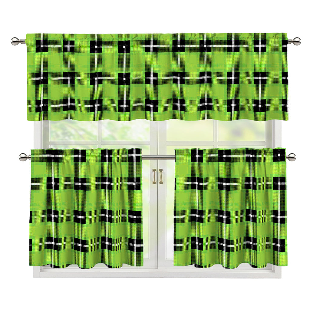 UFO Green Tartan Pattern Print 3 Piece Kitchen Curtains
