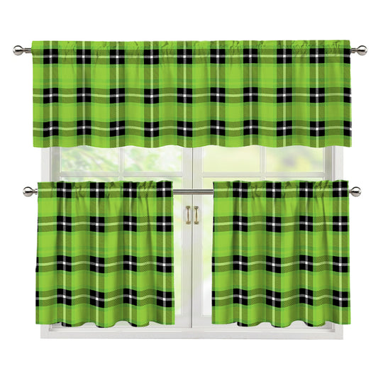 UFO Green Tartan Pattern Print 3 Piece Kitchen Curtains