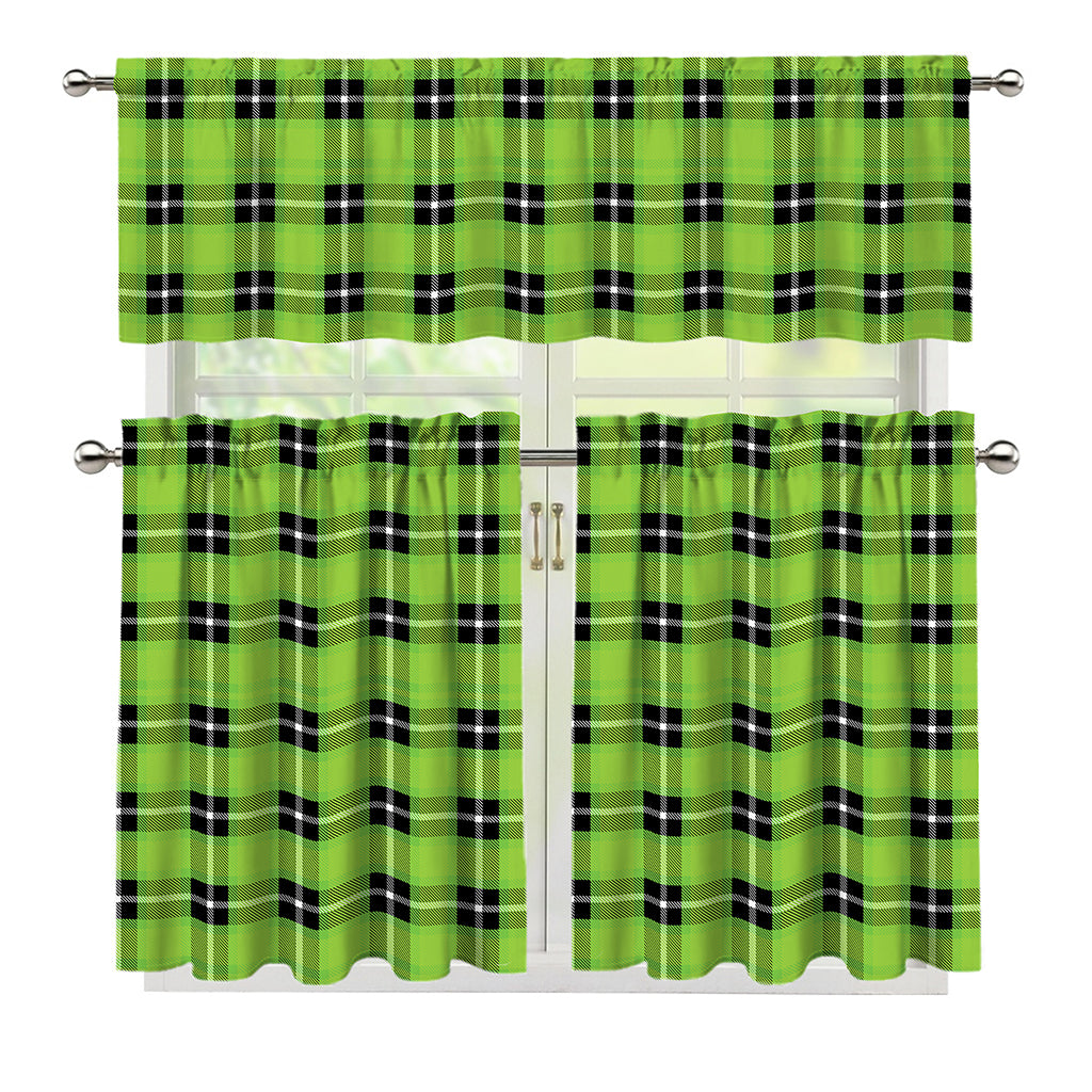 UFO Green Tartan Pattern Print 3 Piece Kitchen Curtains