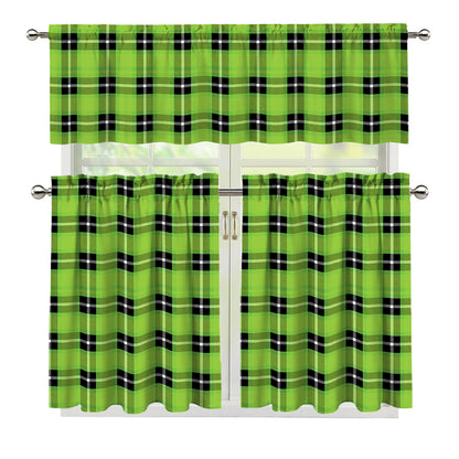 UFO Green Tartan Pattern Print 3 Piece Kitchen Curtains