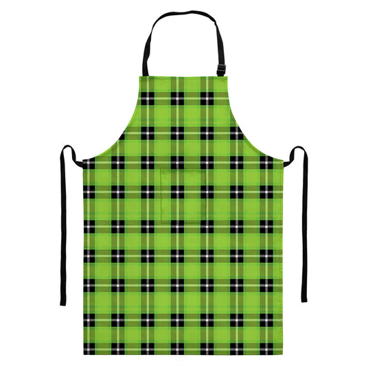 UFO Green Tartan Pattern Print Bib Apron With Pocket