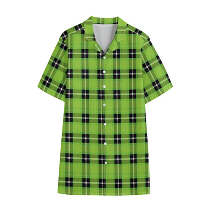 UFO Green Tartan Pattern Print Cotton Hawaiian Shirt