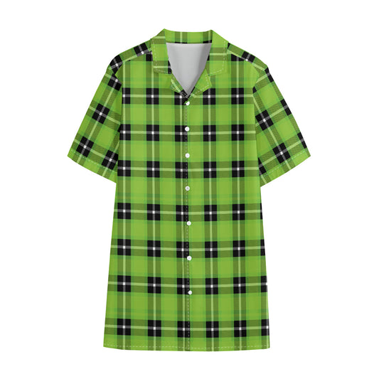UFO Green Tartan Pattern Print Cotton Hawaiian Shirt