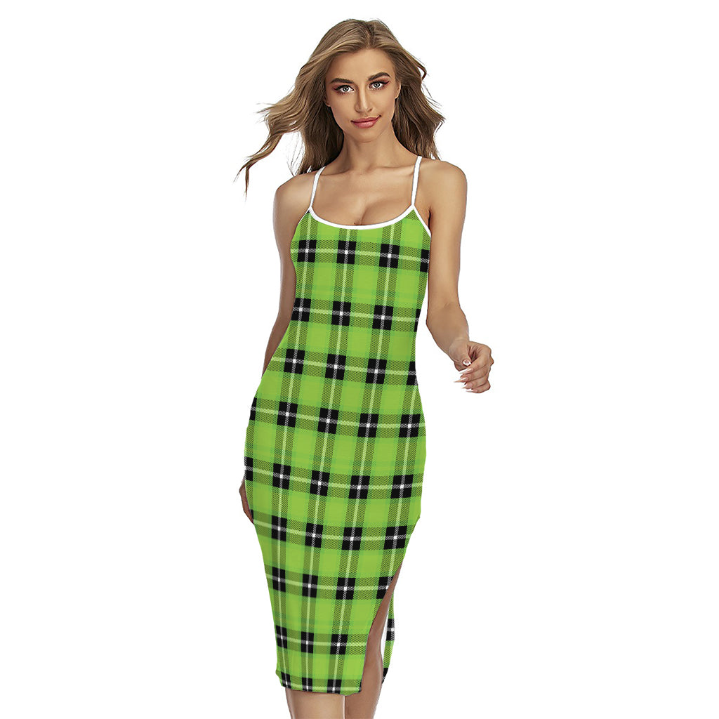 UFO Green Tartan Pattern Print Cross Back Cami Dress