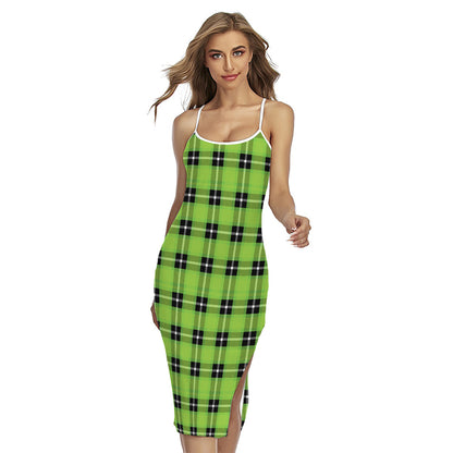UFO Green Tartan Pattern Print Cross Back Cami Dress