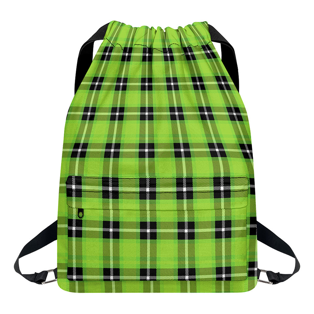 UFO Green Tartan Pattern Print Drawstring Backpack