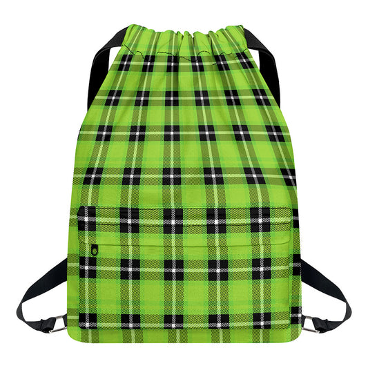 UFO Green Tartan Pattern Print Drawstring Backpack