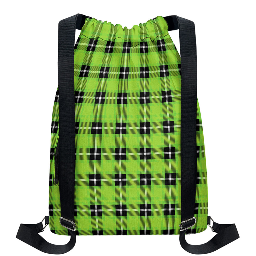 UFO Green Tartan Pattern Print Drawstring Backpack