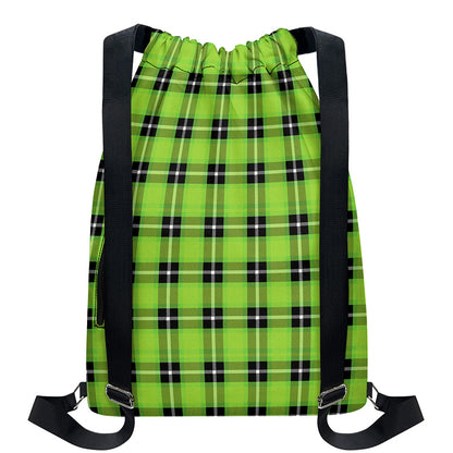 UFO Green Tartan Pattern Print Drawstring Backpack
