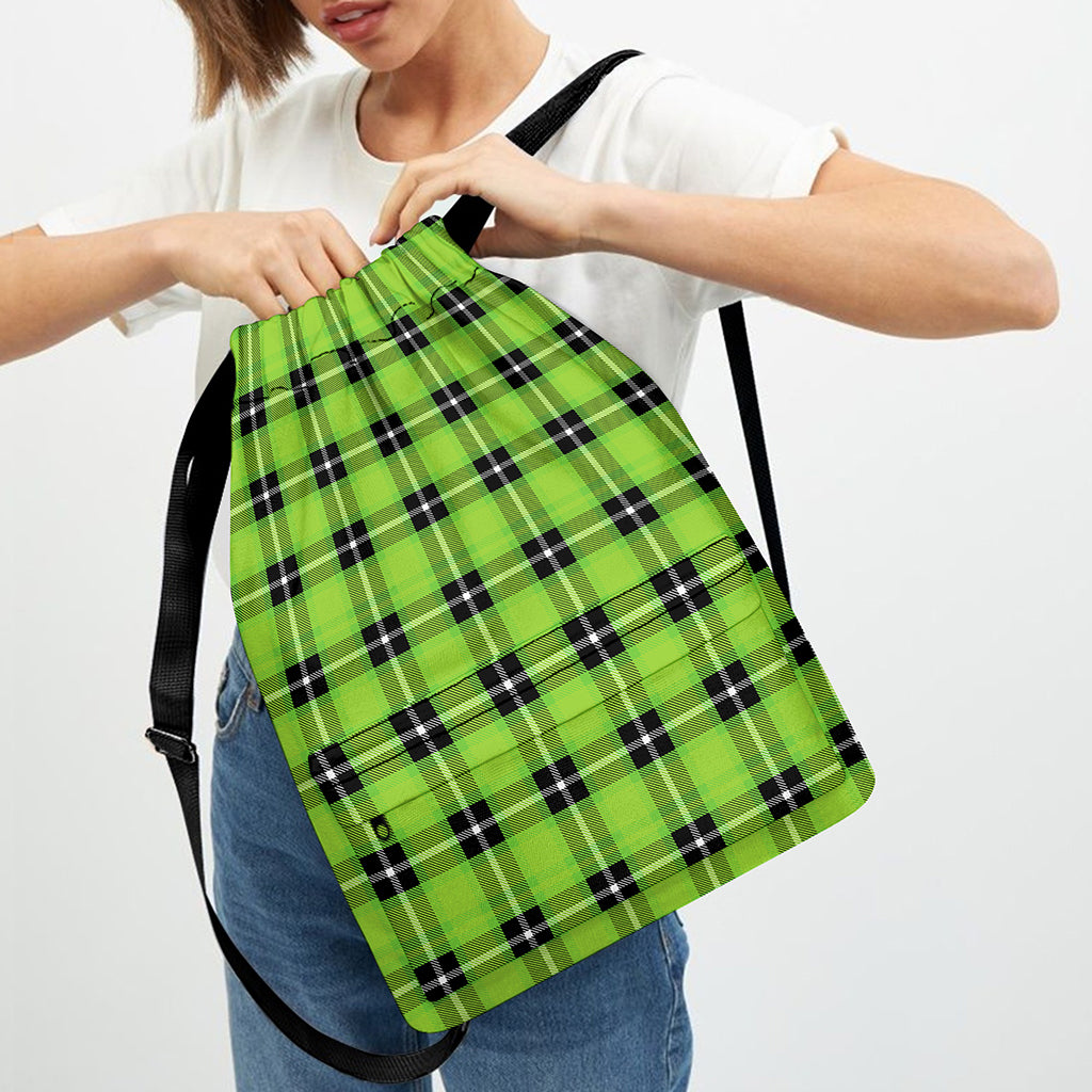 UFO Green Tartan Pattern Print Drawstring Backpack
