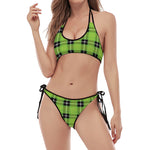 UFO Green Tartan Pattern Print Halter Scoop Tie Side Bikini
