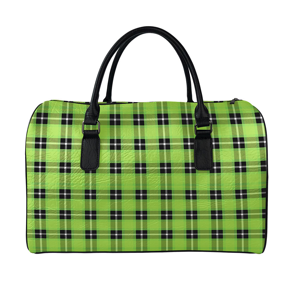 UFO Green Tartan Pattern Print Leather Duffle Bag