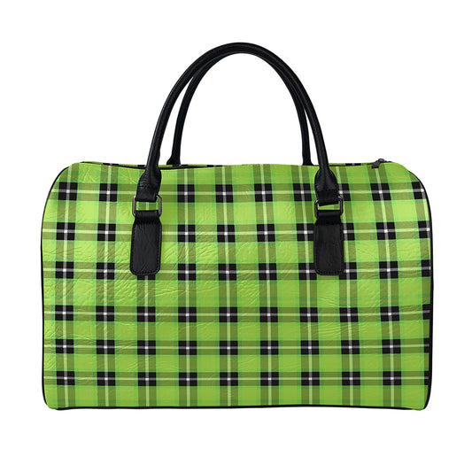 UFO Green Tartan Pattern Print Leather Duffle Bag