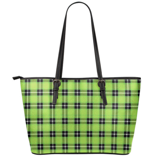 UFO Green Tartan Pattern Print Leather Tote Bag