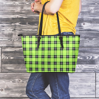 UFO Green Tartan Pattern Print Leather Tote Bag