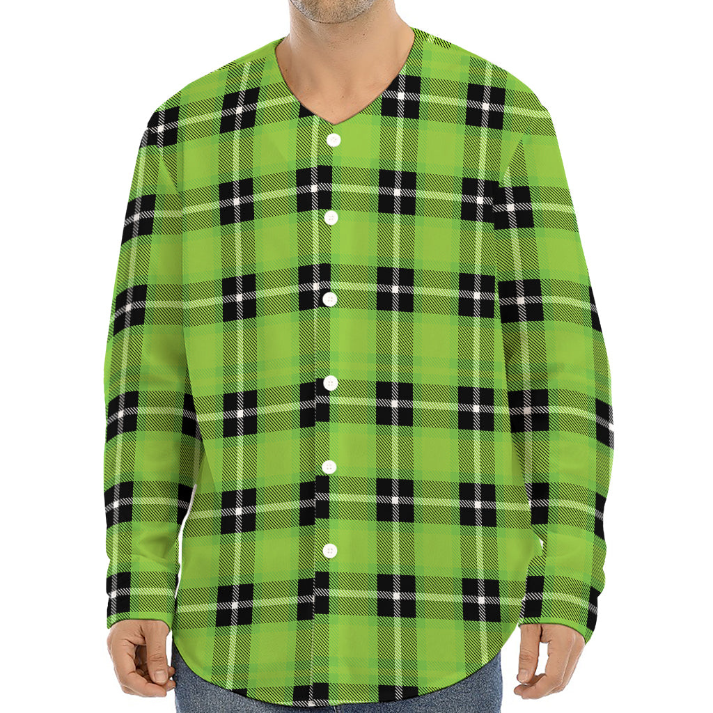 UFO Green Tartan Pattern Print Long Sleeve Baseball Jersey