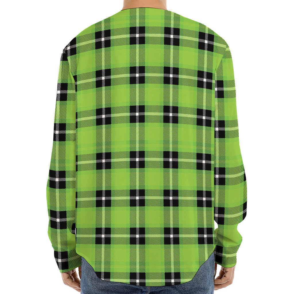 UFO Green Tartan Pattern Print Long Sleeve Baseball Jersey