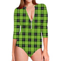 UFO Green Tartan Pattern Print Long Sleeve Swimsuit