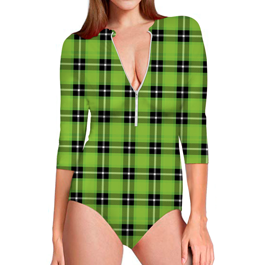 UFO Green Tartan Pattern Print Long Sleeve Swimsuit