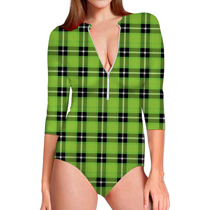UFO Green Tartan Pattern Print Long Sleeve Swimsuit