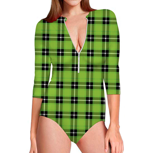 UFO Green Tartan Pattern Print Long Sleeve Swimsuit