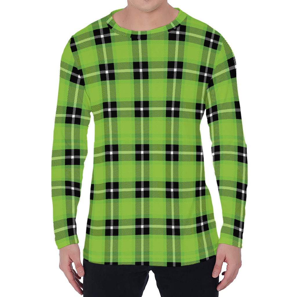 UFO Green Tartan Pattern Print Men's Long Sleeve T-Shirt