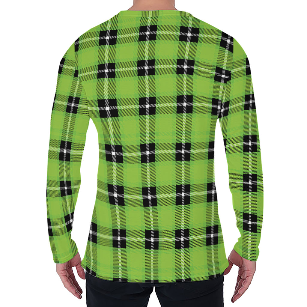 UFO Green Tartan Pattern Print Men's Long Sleeve T-Shirt