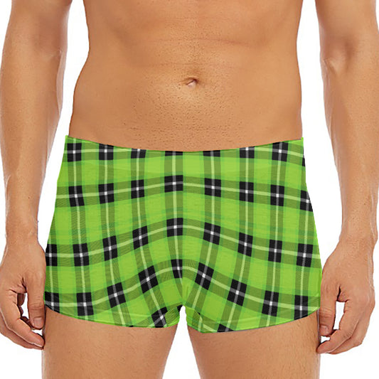 UFO Green Tartan Pattern Print Men's Short Boxer Briefs