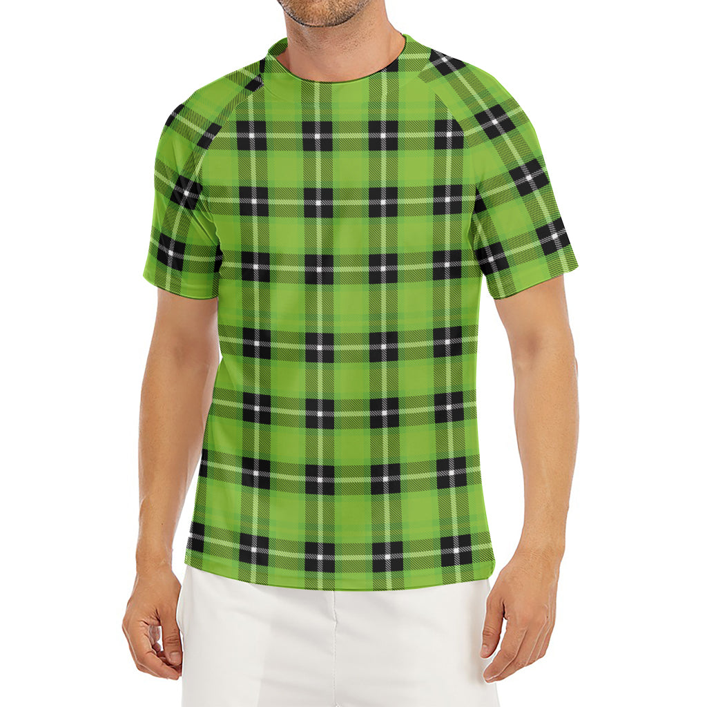 UFO Green Tartan Pattern Print Men's Short Sleeve Rash Guard